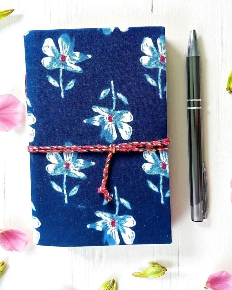 Blue Floral Handmade Fabric Hardcover Diary A6 – 200 Pages, Thread Closure Sketchbook