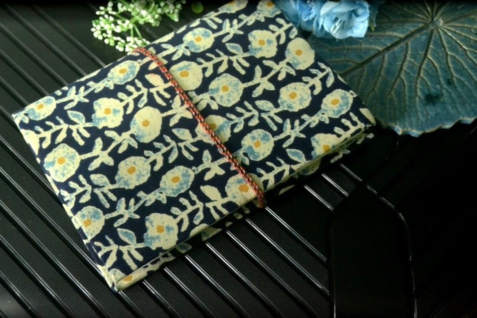Dark Blue Flower Floral Doodle Diary Notebook Fabric Stitched Gift sketchbook journal A5 Diaries Unruled Thick 200 Pages Handcrafted Drawing Book