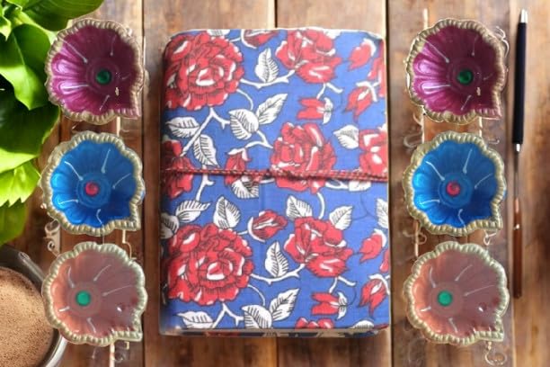 Festive Gift Set: A5 Handmade Floral Diary with Designer Fabric Cover & 6-Piece Handcrafted Diya Set – Perfect for Diwali, Celebrations & Home Décor
