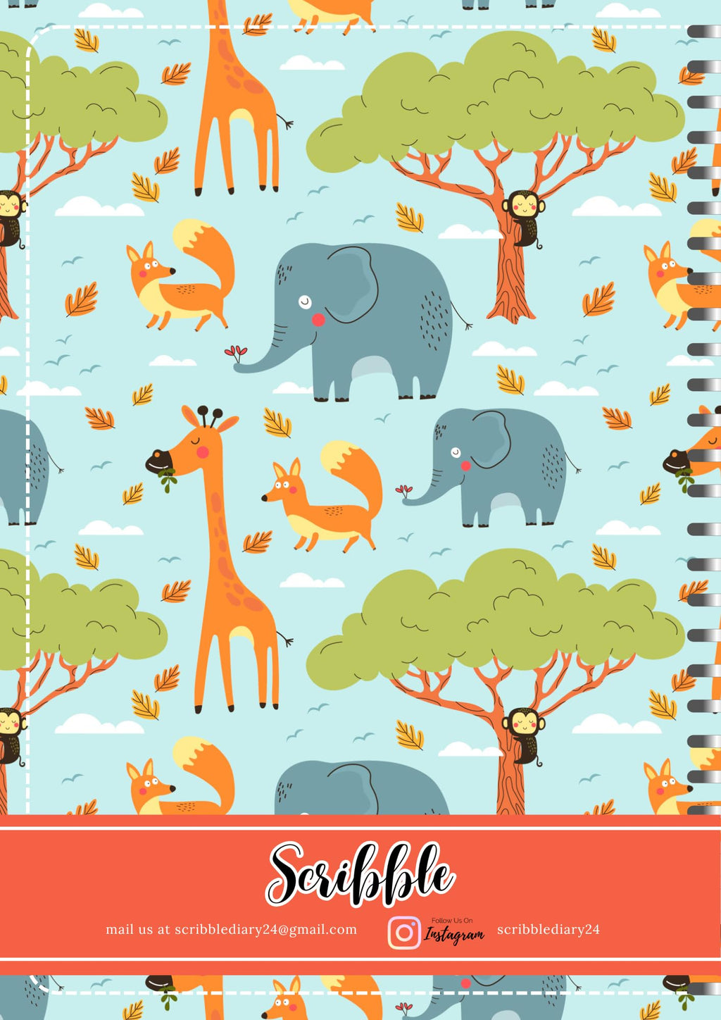 Handcrafted Cartoon Spiral Bound Doodle Diary Journal Gift Sketch Book Diaries, 21cm x 15cm A5, 60 Pages, 155gsm, Hard Cover Elephant Giraffe Print, Thick Cartridge Paper