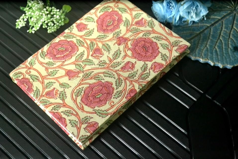 Handmade rose Block-printed Fabric Cover Doodle Diary Journal, 8 x 6 inches, 200 Pages Notebook, 130 GSM, Water-Resistant, Stain-Resistant Hard-Bound