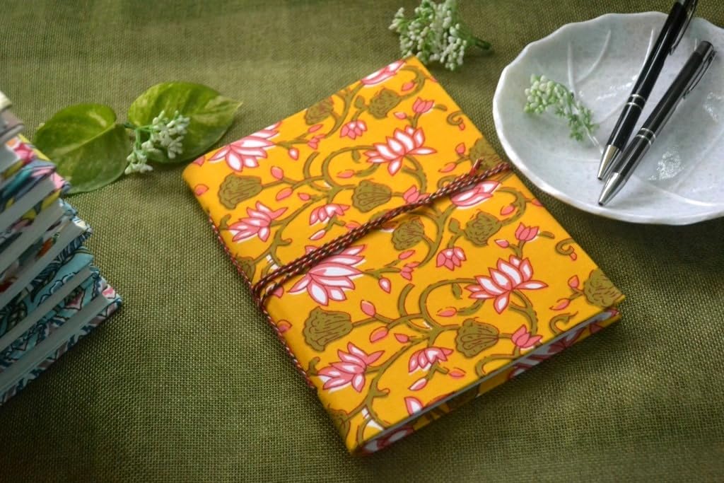 yellow Floral Doodle Diary Notebook Fabric Stitched Gift sketchbook journal A5 Diaries Unruled Thick 200 Pages Handcrafted