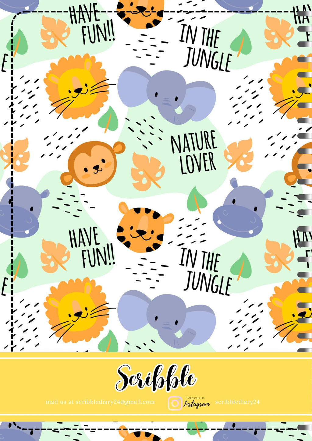 Handcrafted Cartoon Spiral Bound Doodle Diary Journal Gift Sketch Book Diaries, 21cm x 15cm A5, 60 Pages, 155gsm, Hard Cover Lion Monkey Print Thick Cartridge Paper