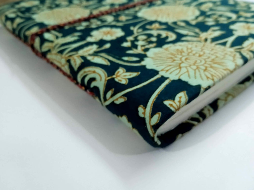 Blue Handmade Fabric Hardcover Diary A5 – 200 Pages, Thread Closure, Sketchbook Journal with Floral Design