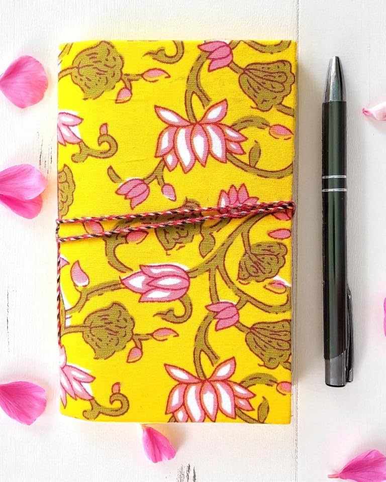 Two Yellow Handmade Fabric Hardcover Diary A6 – 200 Pages, Thread Closure Sketchbook