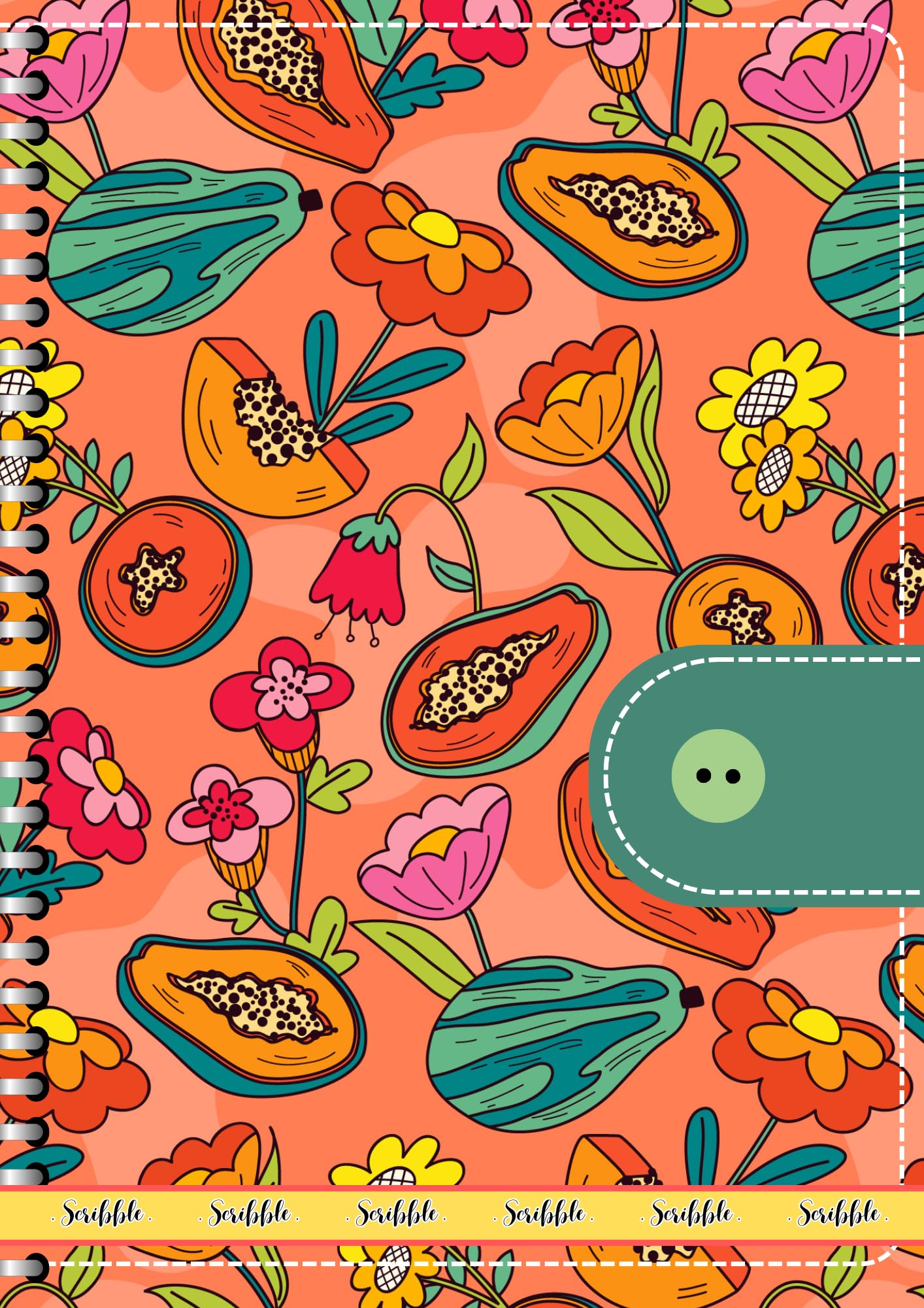 Handcrafted Cartoon Spiral Bound Doodle Diary Journal Gift Sketch Book Diaries, 21cm x 15cm A5, 60 Pages, 155gsm, Hard Cover Papaya Print, Thick Cartridge Paper