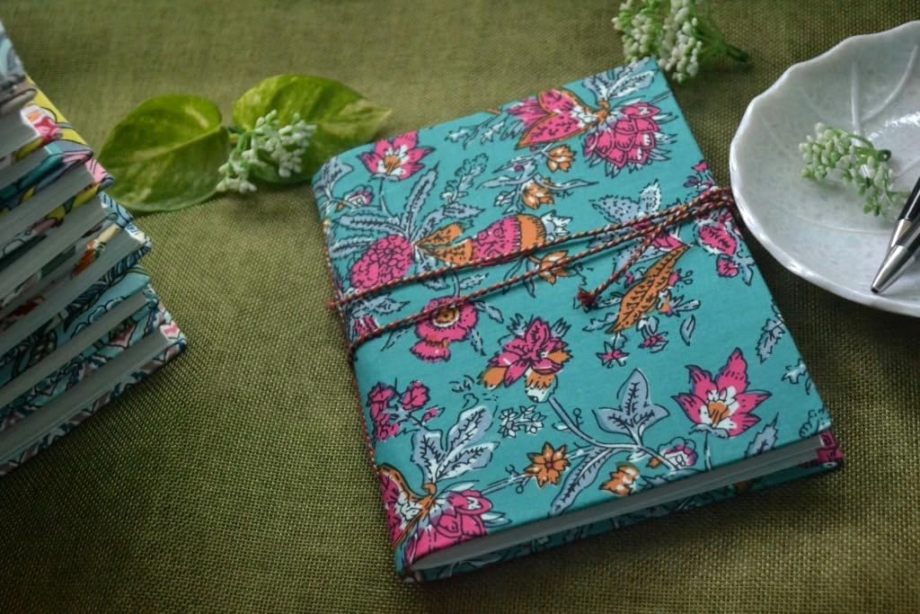 blue Floral Doodle Diary Notebook Fabric Stitched Gift sketchbook journal A5 Diaries Unruled Thick 200 Pages Handcrafted