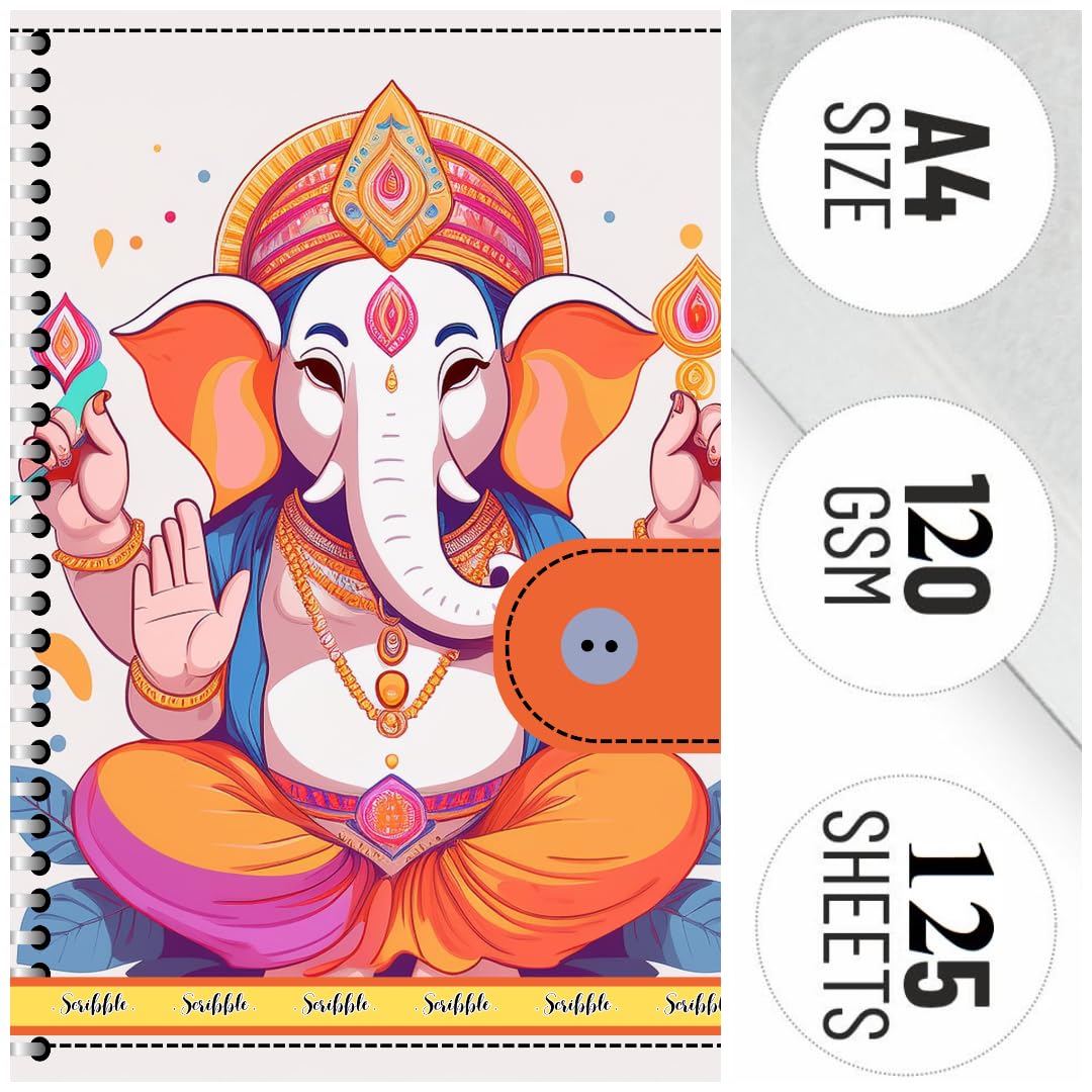 Handcrafted A4 Spiral Bound Notebook Sketchbook Journal, 21cm x 15cm A5, 250 Pages, 120 gsm Thick Cartridge Paper, Hard Cover with Ganesh Ji Print