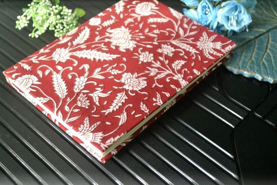 Handmade Red Flower Floral Block-printed Fabric Cover Doodle Diary Journal, 8 x 6 inches, 200 Pages Notebook, 130 GSM, Water-Resistant, Stain-Resistant Hard-Bound