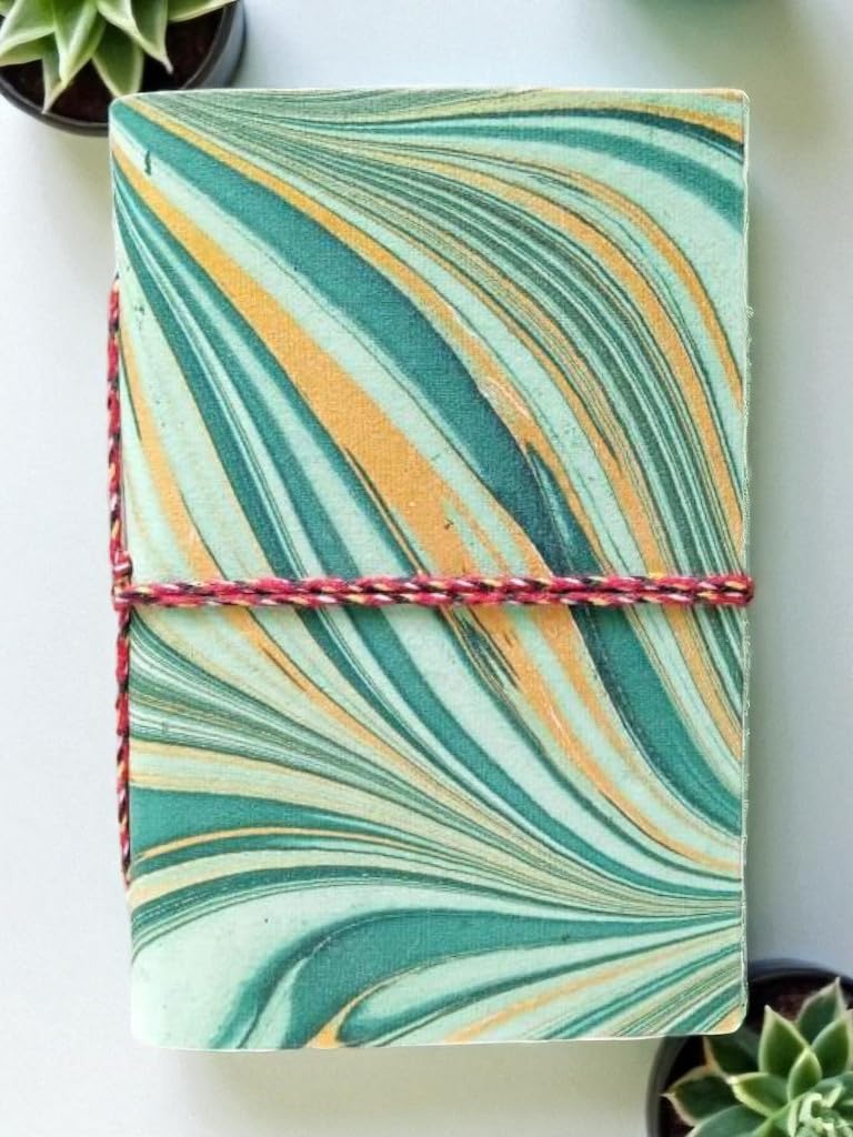 Green Handmade Marble Texture A6 Diary Notebook | 200 Unruled Thick Pages | Hardcover Sketchbook Journal with Thread Closure | Portable Travel Writing Gift