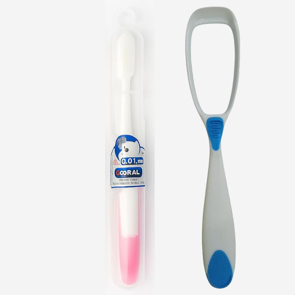 Combo Pack of 2 Oral Care Extra Soft Silicone Toothbrush (0.01mm Bristles, 2600+ Ultra-Soft Bristles, Gentle Gum Care, Safety Case) with 1 Tongue Cleaner for Oral Hygiene