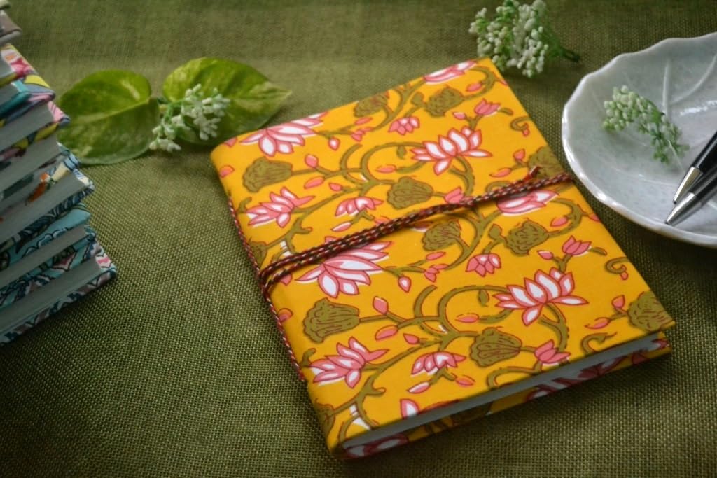 yellow Floral Doodle Diary Notebook Fabric Stitched Gift sketchbook journal A5 Diaries Unruled Thick 200 Pages Handcrafted