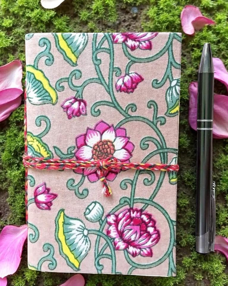 Pink Floral Handmade Fabric Hardcover Diary A6 – 200 Pages, Thread Closure Sketchbook