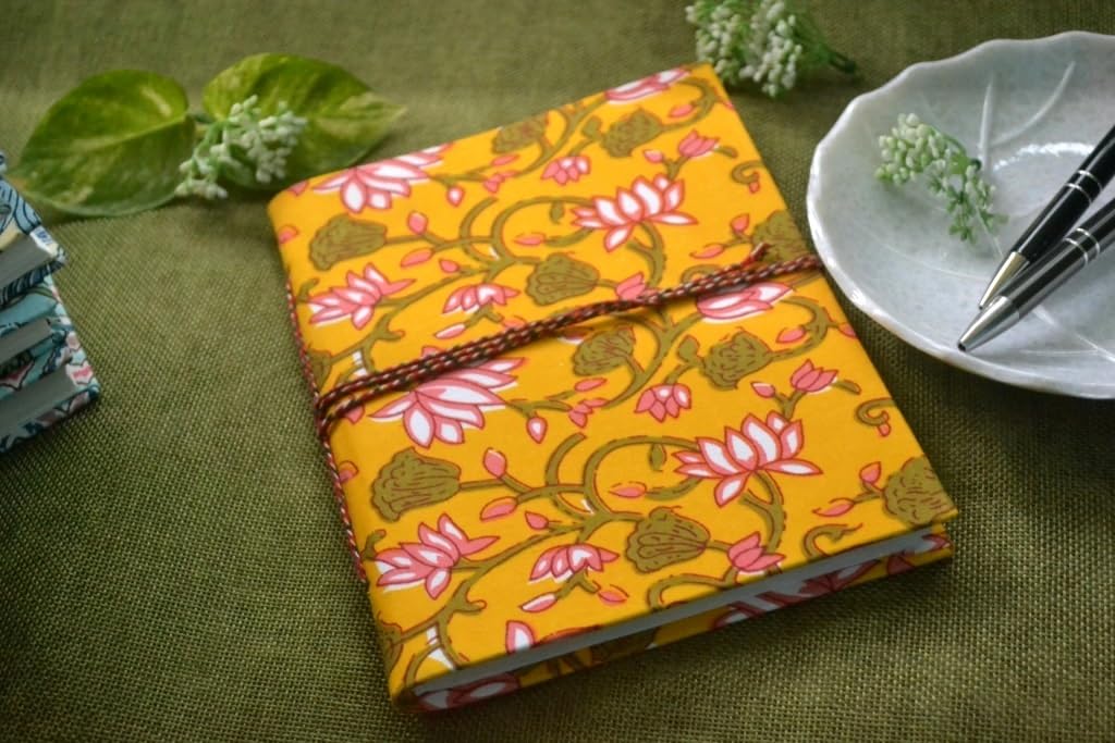 yellow Floral Doodle Diary Notebook Fabric Stitched Gift sketchbook journal A5 Diaries Unruled Thick 200 Pages Handcrafted