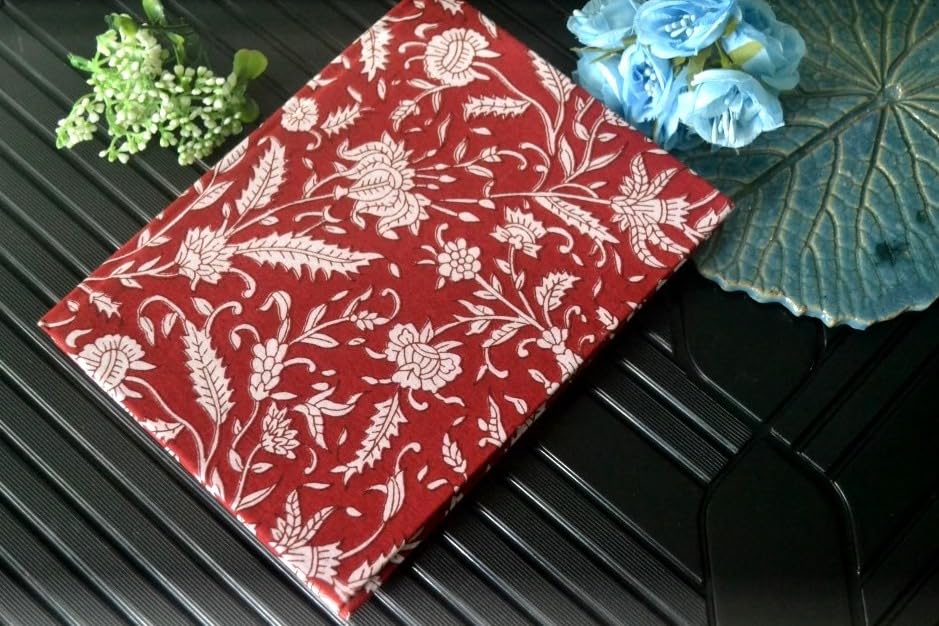 Handmade Red Flower Floral Block-printed Fabric Cover Doodle Diary Journal, 8 x 6 inches, 200 Pages Notebook, 130 GSM, Water-Resistant, Stain-Resistant Hard-Bound