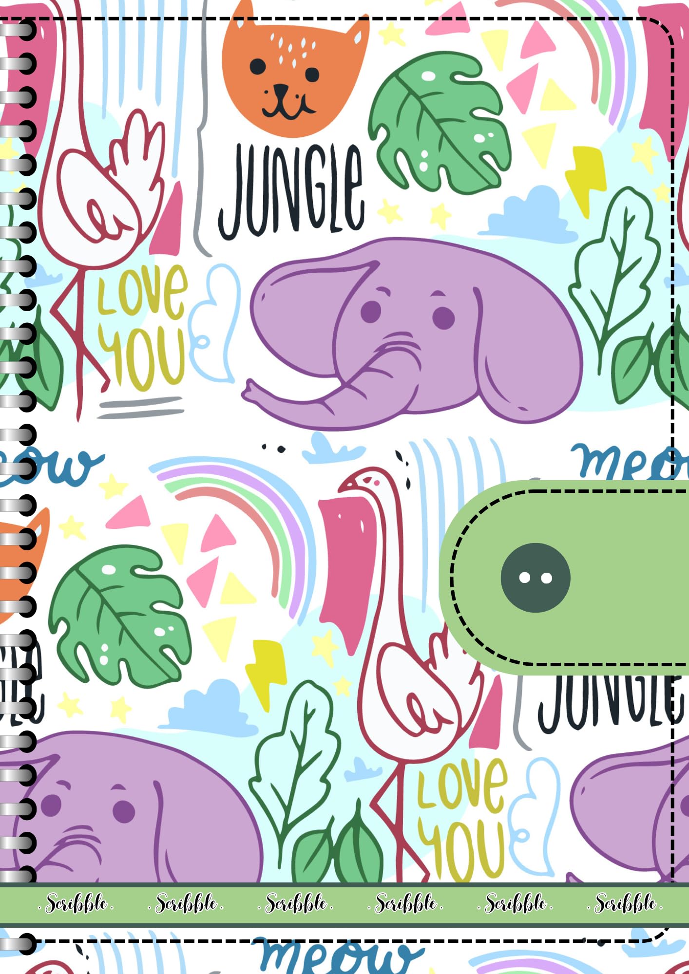 Handcrafted Cartoon Spiral Bound Doodle Diary Journal Gift Sketch Book Diaries, 21cm x 15cm A5, 60 Pages, 155gsm, Hard Cover Jungle Elephant Print, Thick Cartridge Paper