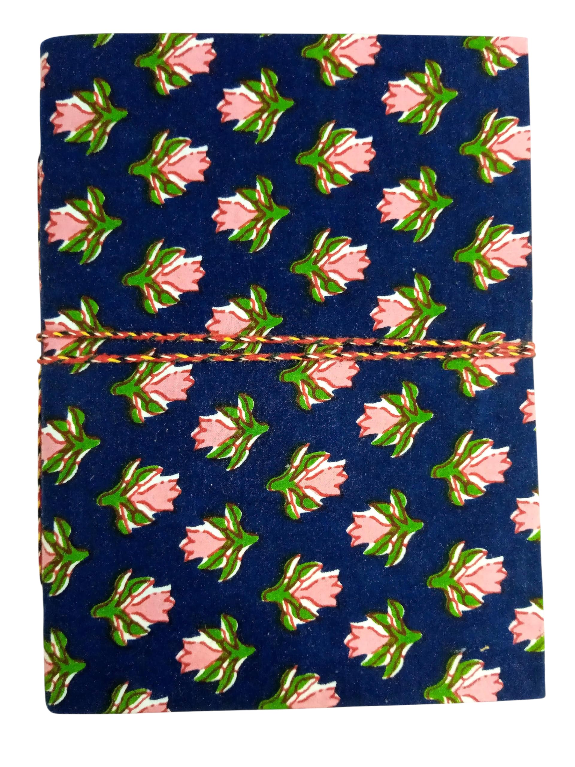 Floral Handmade Fabric Hardcover Diary A5 | 200 Unruled Thick Pages | Handcrafted Sketchbook Journal with Thread Closure | Travel Gift for Writing, Drawing, Artists, Students – Pink Blue Tulip
