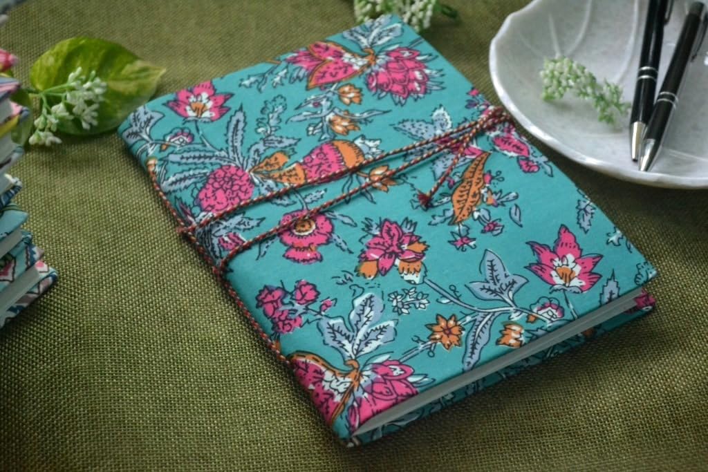 blue Floral Doodle Diary Notebook Fabric Stitched Gift sketchbook journal A5 Diaries Unruled Thick 200 Pages Handcrafted
