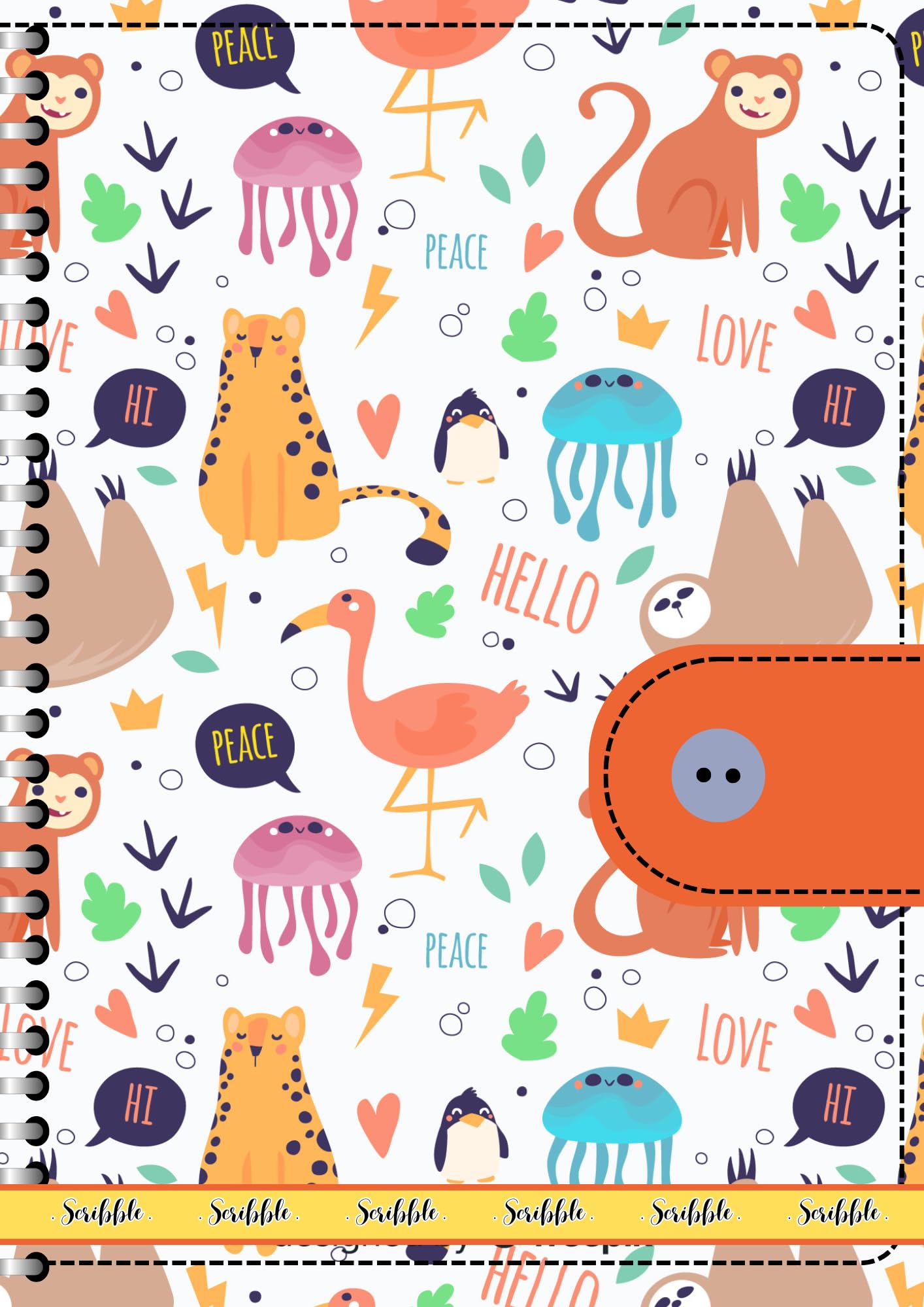 Handcrafted cartoon Spiral Bound Cartridge Paper Doodle Diary Gift Sketch Book Doodle Diaries Journal, 21cm x 15cm, 60 Pages, 155gsm, Hard Cover Animal, bird and octopus Print