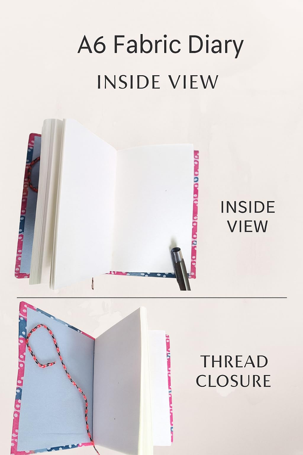 Two Floral Handmade Fabric Hardcover Diary A6 – 200 Pages, Thread Closure Sketchbook