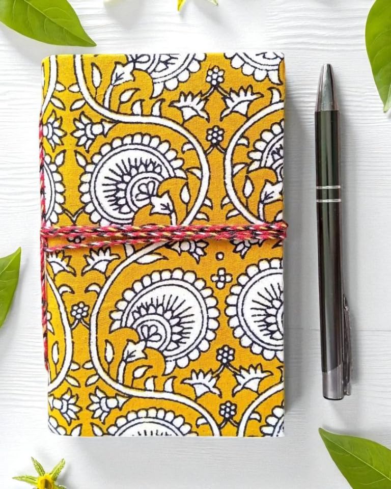 Yellow Floral Handmade Fabric Hardcover Diary A6 – 200 Pages, Thread Closure Sketchbook