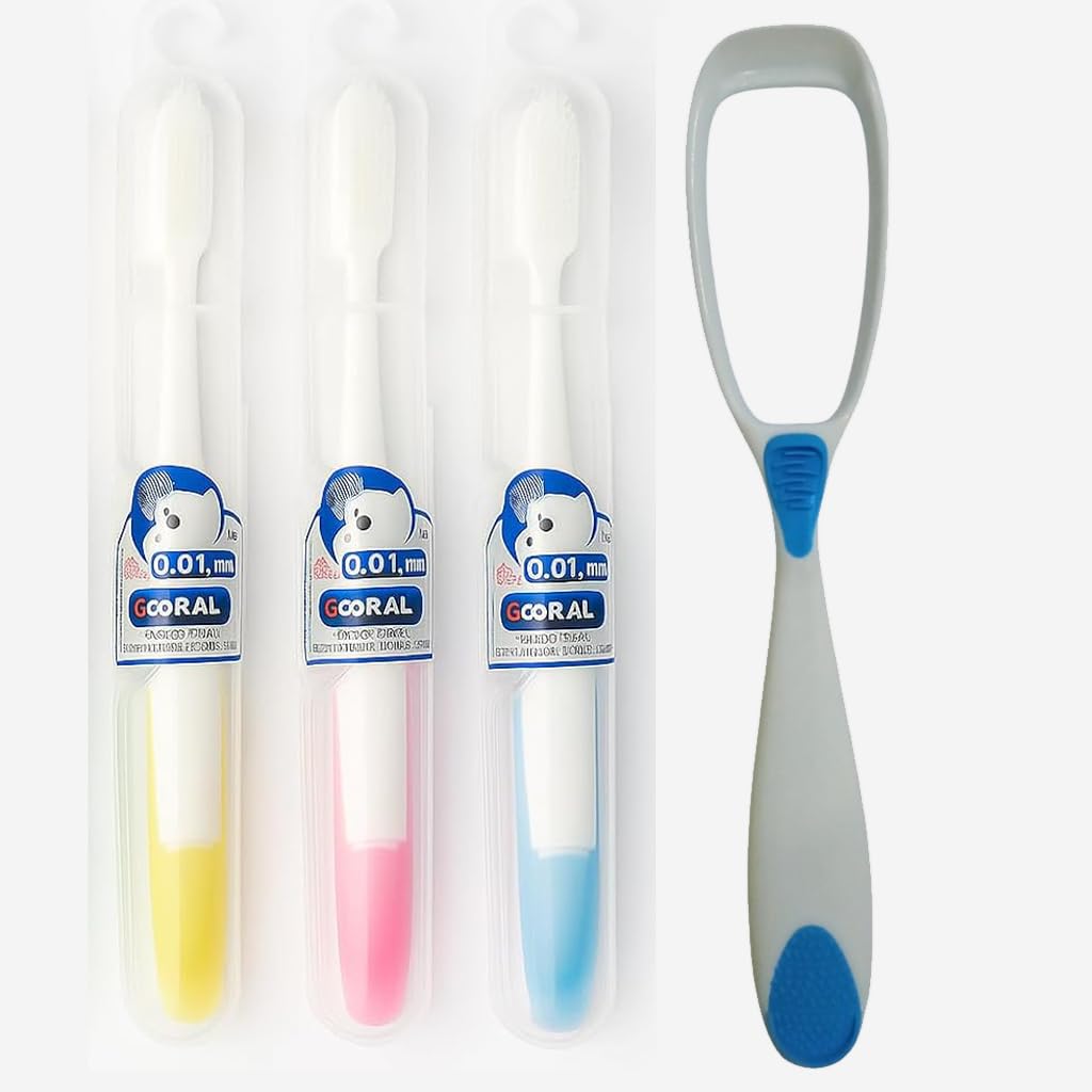 Combo Pack of 3 Oral Care Extra Soft Silicone Toothbrush (0.01mm Bristles, 2600+ Ultra-Soft Bristles, Gentle Gum Care, Safety Case) with 1 Tongue Cleaner for Oral Hygiene