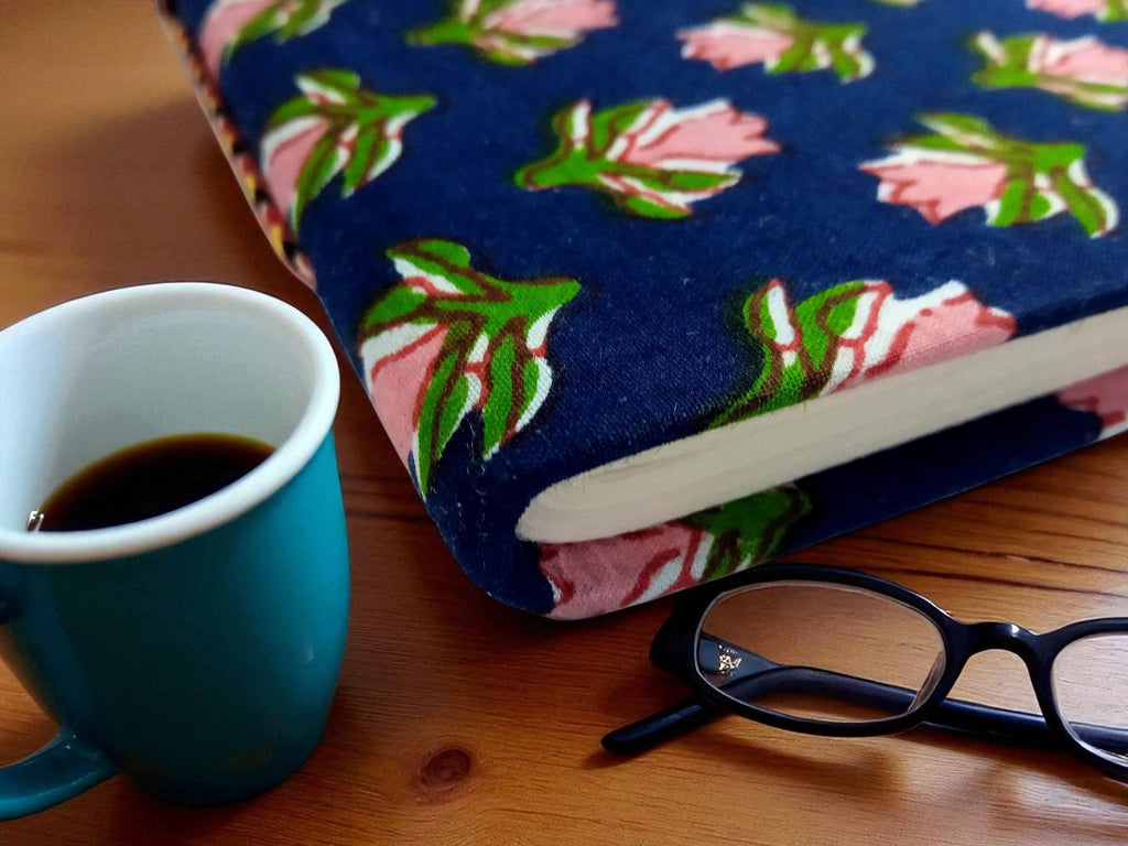 Floral Handmade Fabric Hardcover Diary A5 | 200 Unruled Thick Pages | Handcrafted Sketchbook Journal with Thread Closure | Travel Gift for Writing, Drawing, Artists, Students – Pink Blue Tulip