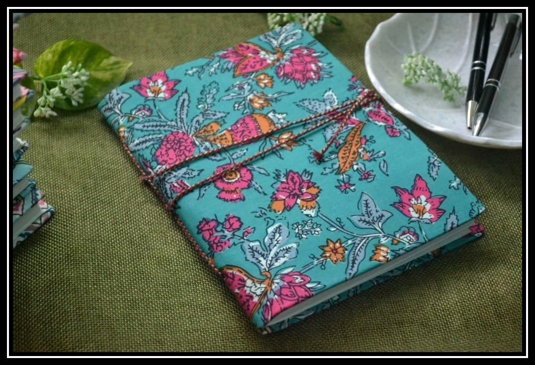 blue Floral Doodle Diary Notebook Fabric Stitched Gift sketchbook journal A5 Diaries Unruled Thick 200 Pages Handcrafted