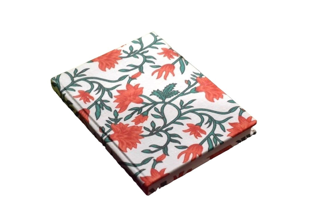 Handmade red flower strip Block-printed Fabric Cover Doodle Diary Journal, 8 x 6 inches, 200 Pages Notebook, 130 GSM, Water-Resistant, Stain-Resistant Hard-Bound