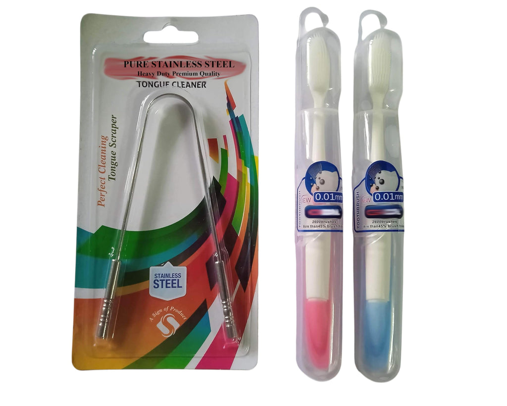 Combo Pack of 2 Extra Soft Silicone Toothbrushes (0.01mm Bristles, 2600+ Ultra-Soft Bristles, Gentle Gum Care, Safety Case) + 1 Stainless Steel Tongue Cleaner for Oral Hygiene