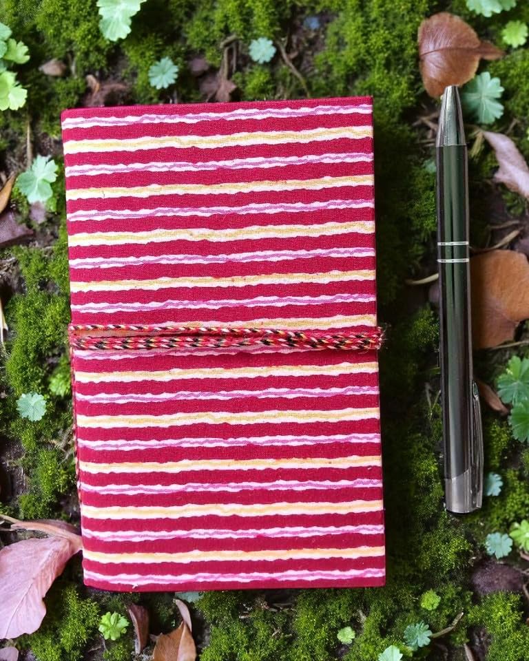 Two line Handmade Fabric Hardcover Diary Notebook A6 | 200 Unruled Thick Pages | Handcrafted Sketchbook Journal with Thread Closure | Portable Travel Diary Gift for Writing, Drawing, Artists, Students