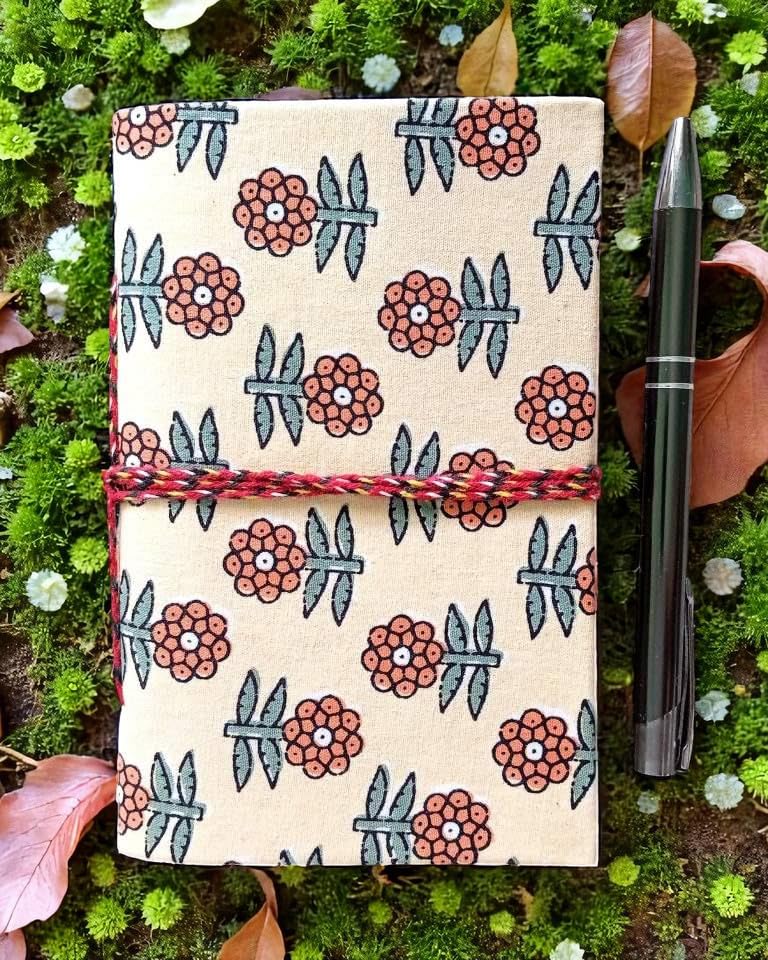 Cream Floral Handmade Fabric Hardcover Diary A6 – 200 Pages, Thread Closure Sketchbook