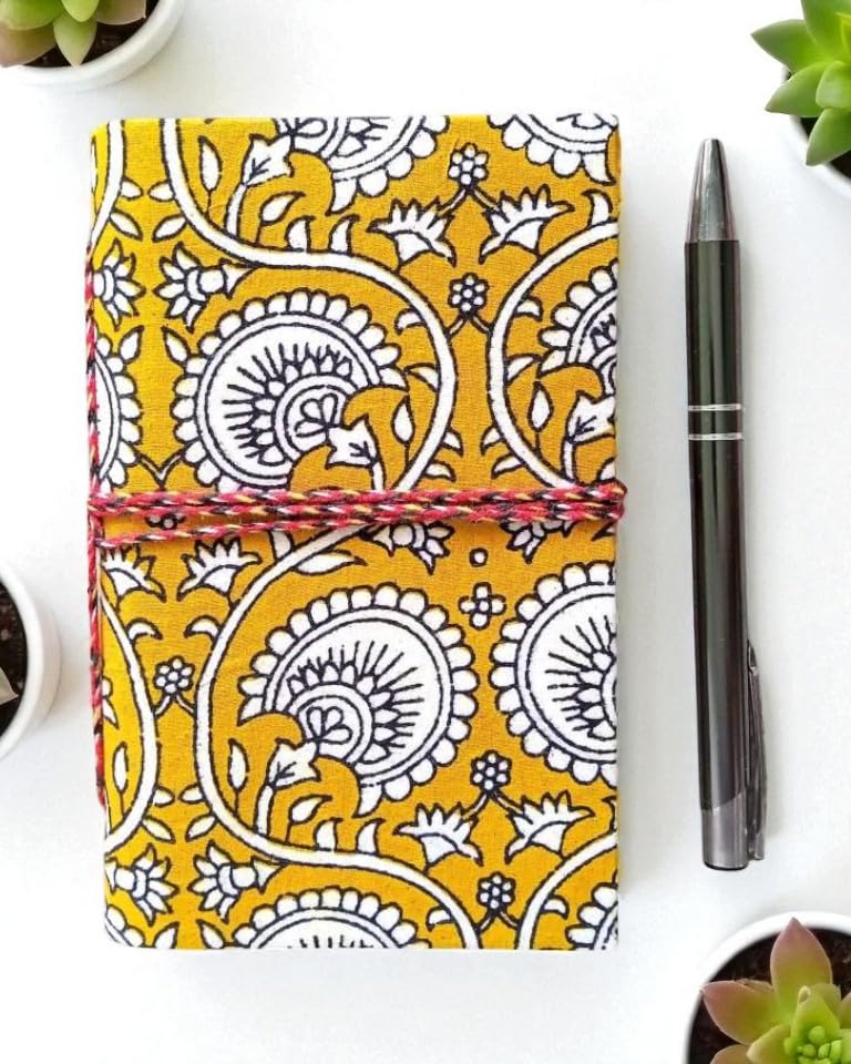 Yellow Floral Handmade Fabric Hardcover Diary A6 – 200 Pages, Thread Closure Sketchbook