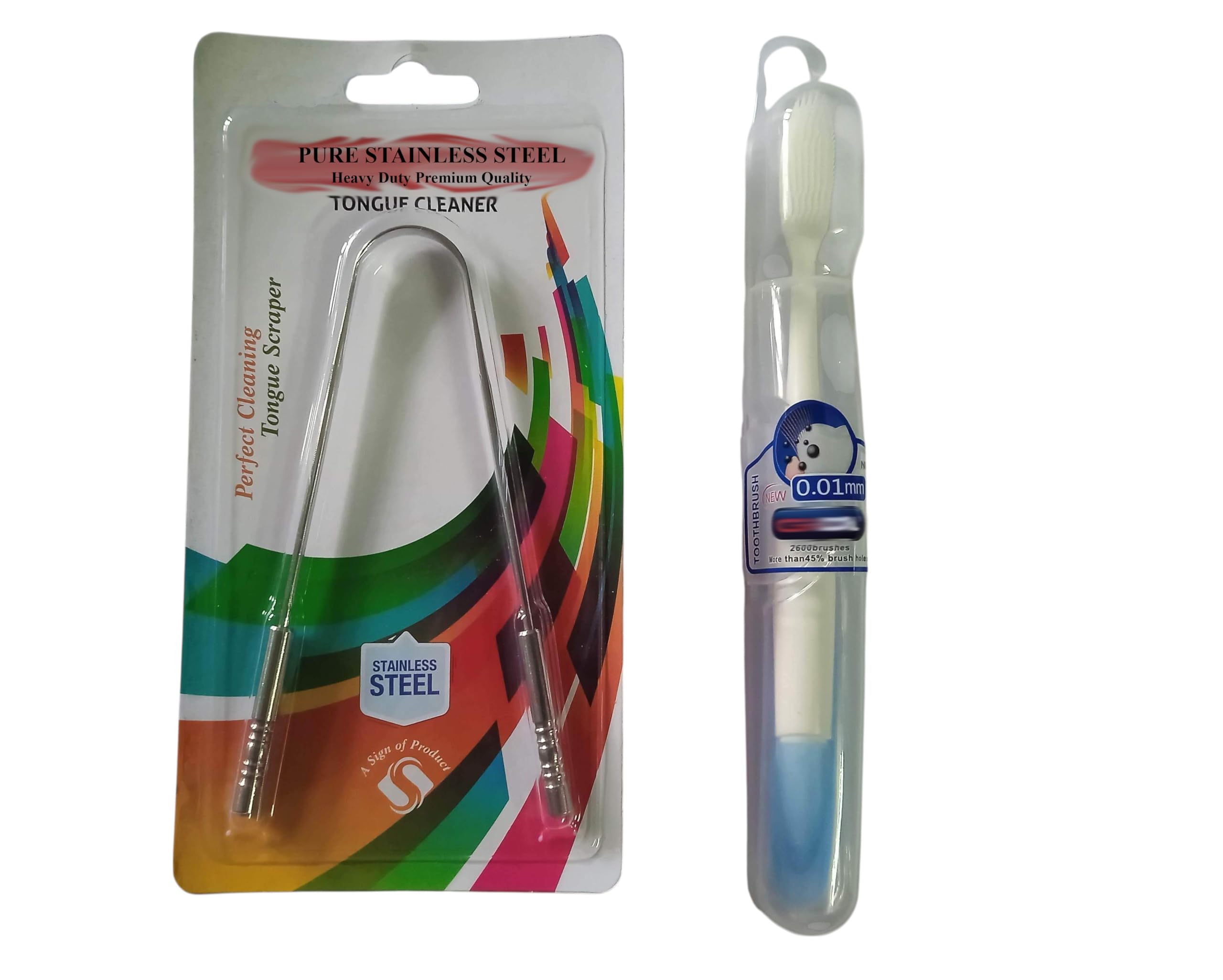Combo Pack of 2 Extra Soft Silicone Toothbrush (0.01mm Bristles, 2600+ Ultra-Soft Bristles, Gentle Gum Care, Safety Case) + 1 Stainless Steel Tongue Cleaner for Oral Hygiene