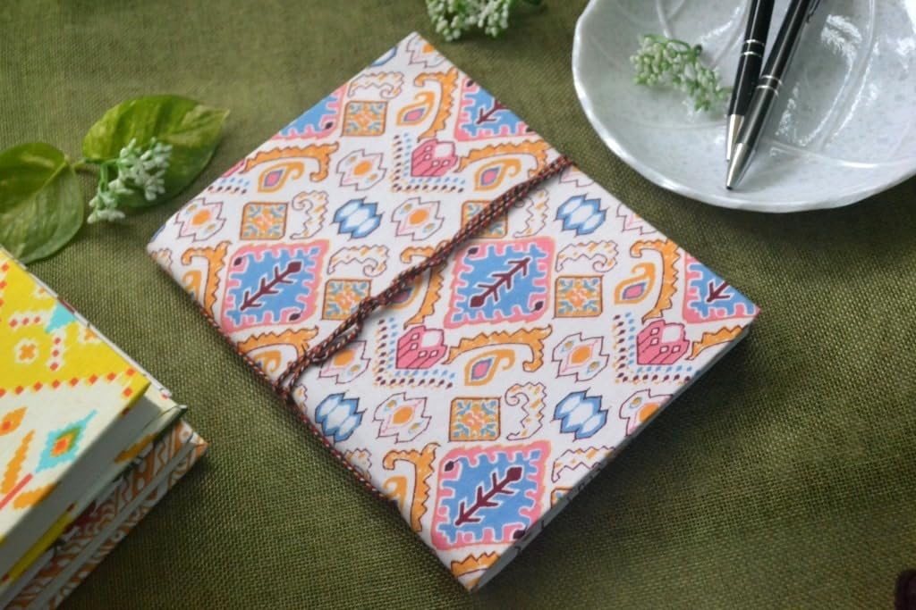 white-blue Doodle Diary Notebook Fabric Stitched Gift sketchbook journal A5 Diaries Unruled Thick 200 Pages Handcrafted