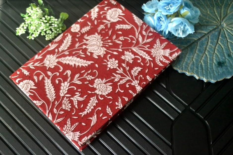 Handmade Red Flower Floral Block-printed Fabric Cover Doodle Diary Journal, 8 x 6 inches, 200 Pages Notebook, 130 GSM, Water-Resistant, Stain-Resistant Hard-Bound