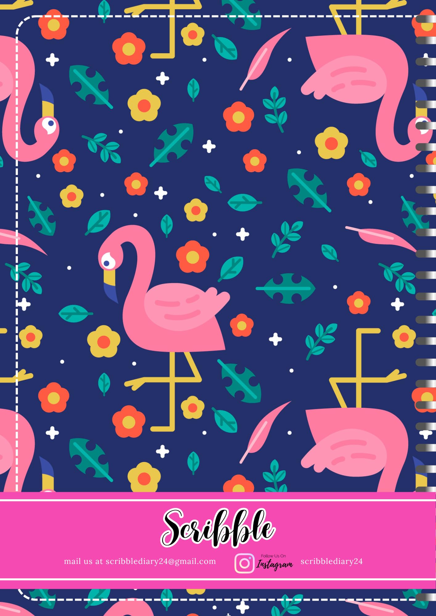 Handcrafted Cartoon Spiral Bound Doodle Diary Journal Gift Sketch Book Diaries, 21cm x 15cm A5, 60 Pages, 155gsm, Hard Cover Flamingo Print, Thick Cartridge Paper