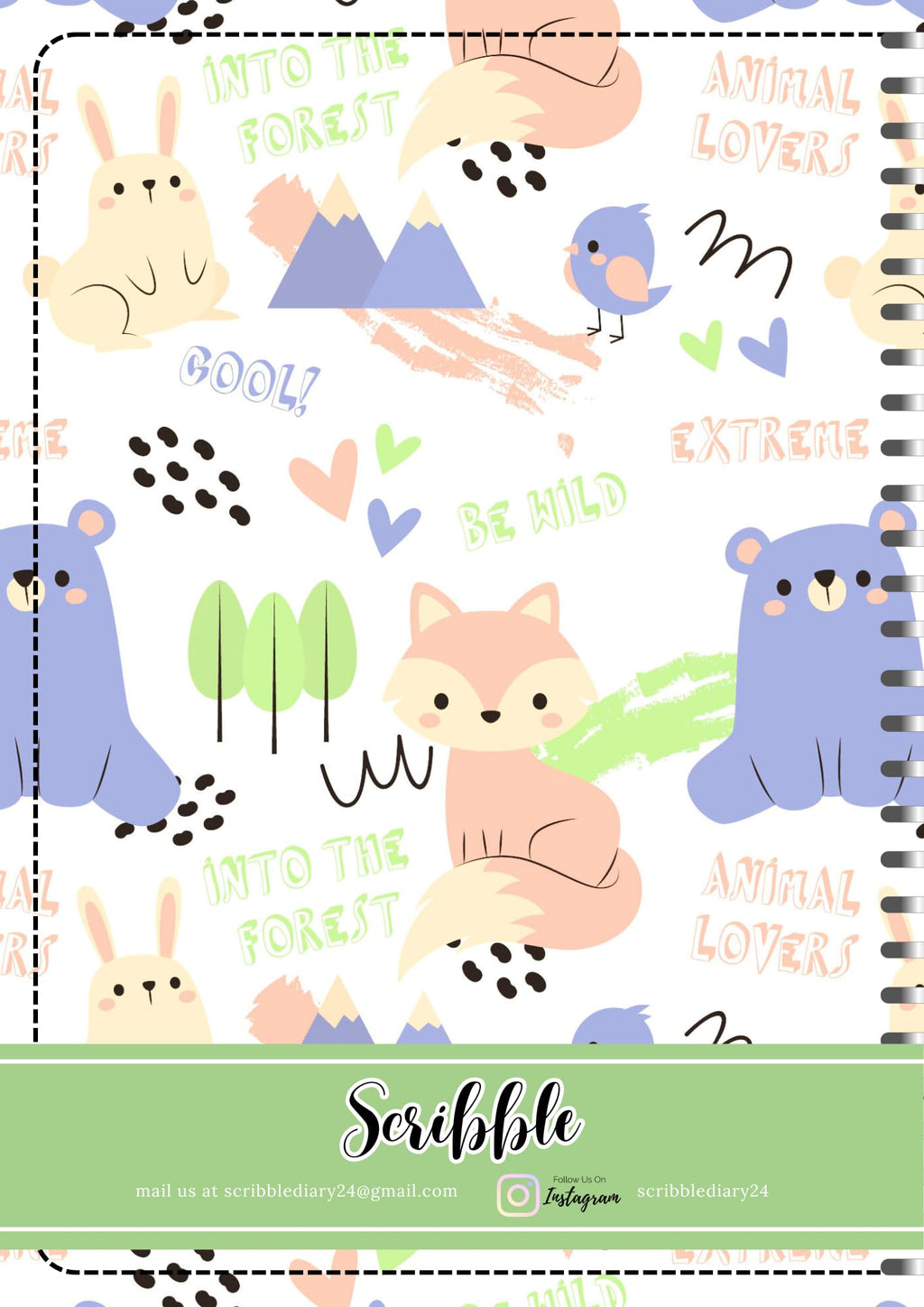 Handcrafted Cartoon Spiral Bound Doodle Diary Journal Gift Sketch Book Diaries, 21cm x 15cm A5, 60 Pages, 155gsm, Hard Cover Fox And Bear Print, Thick Cartridge Paper