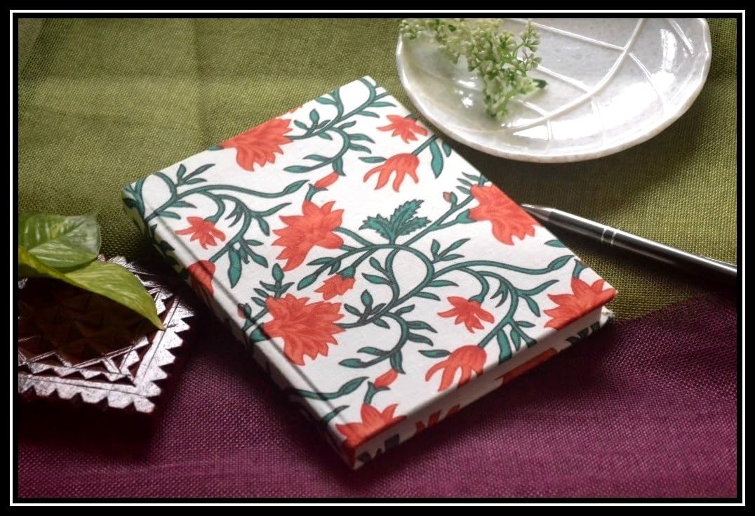 Handmade red flower strip Block-printed Fabric Cover Doodle Diary Journal, 8 x 6 inches, 200 Pages Notebook, 130 GSM, Water-Resistant, Stain-Resistant Hard-Bound