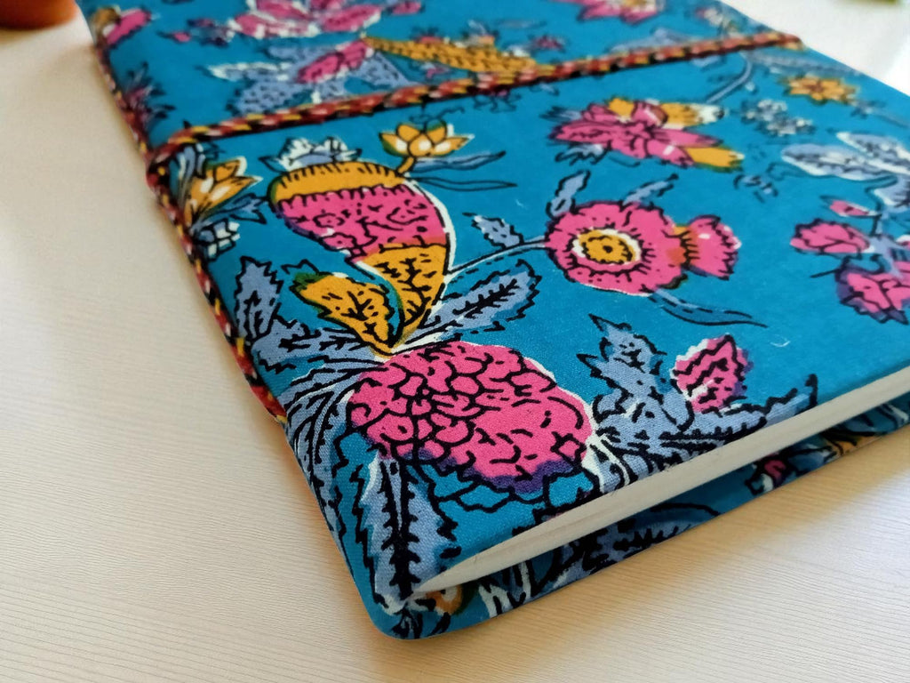 Blue Floral Handmade Fabric Hardcover Diary A5 – 200 Pages, Thread Closure Sketchbook
