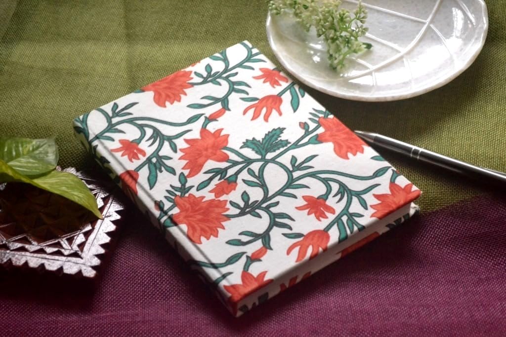Handmade red flower strip Block-printed Fabric Cover Doodle Diary Journal, 8 x 6 inches, 200 Pages Notebook, 130 GSM, Water-Resistant, Stain-Resistant Hard-Bound