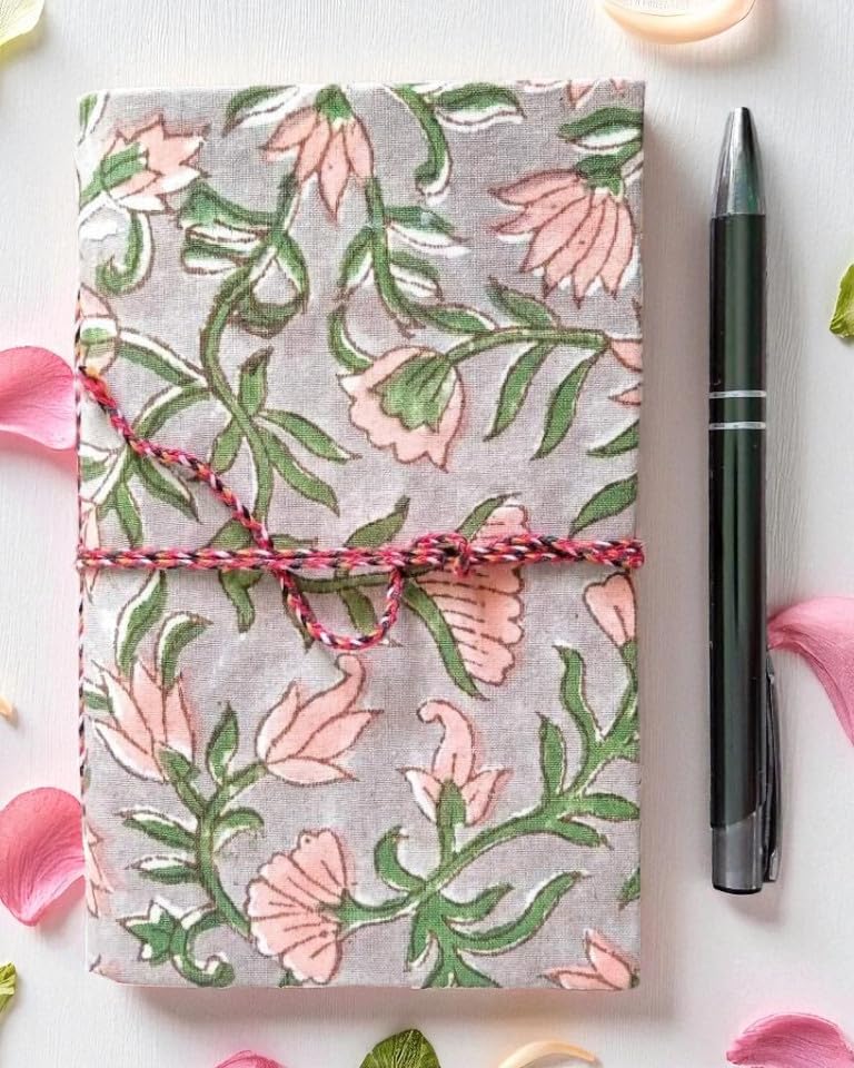 Grey Floral Handmade Fabric Hardcover Diary A6 – 200 Pages, Thread Closure Sketchbook