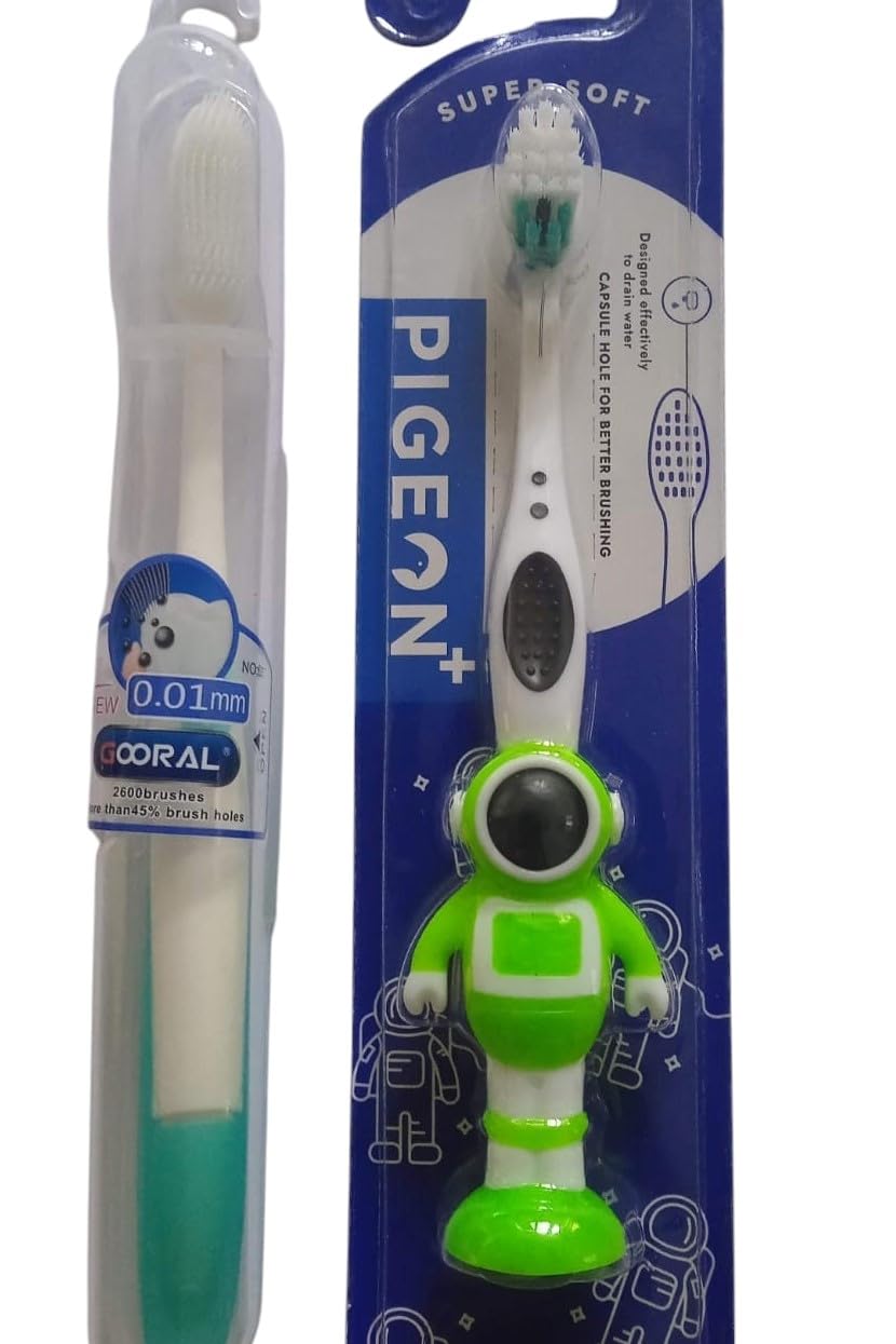 2PC Ultra-Soft Silicone Toothbrush Set for Kids and Adults – with 0.01 mm Bristles, Over 2600 Ultra-Soft Brushes, Includes Safety Plastic Case for Hygienic Storage, and Extra Soft Adult Toothbrush with Storage Case for Cleanliness and Protection