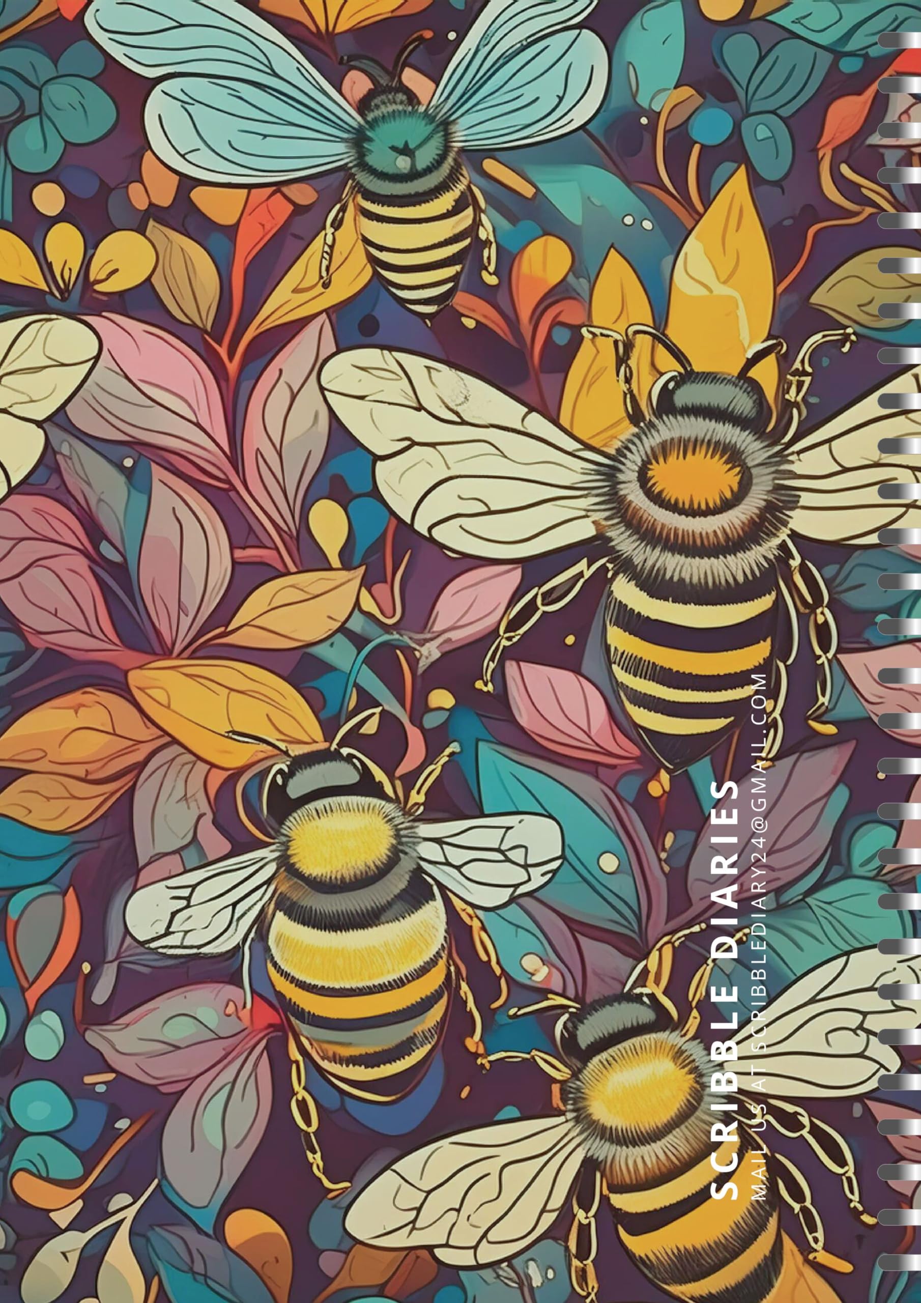 Handcrafted Honey Bee Floral Spiral Bound Cartridge Paper Doodle Diary Gift Sketch Book Doodle Diaries Journal, 21cm x 15cm, 60 Pages, 155gsm, Hard Cover