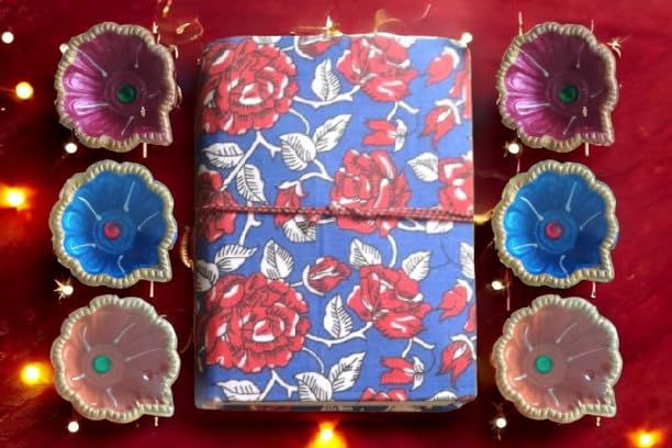 Festive Gift Set: A5 Handmade Floral Diary with Designer Fabric Cover & 6-Piece Handcrafted Diya Set – Perfect for Diwali, Celebrations & Home Décor