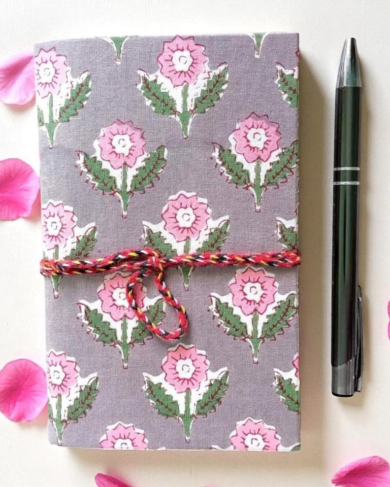 Grey Floral Handmade Fabric Hardcover Diary A6 – 200 Pages, Thread Closure Sketchbook