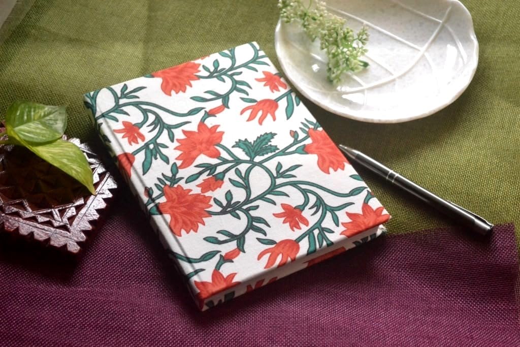 Handmade red flower strip Block-printed Fabric Cover Doodle Diary Journal, 8 x 6 inches, 200 Pages Notebook, 130 GSM, Water-Resistant, Stain-Resistant Hard-Bound