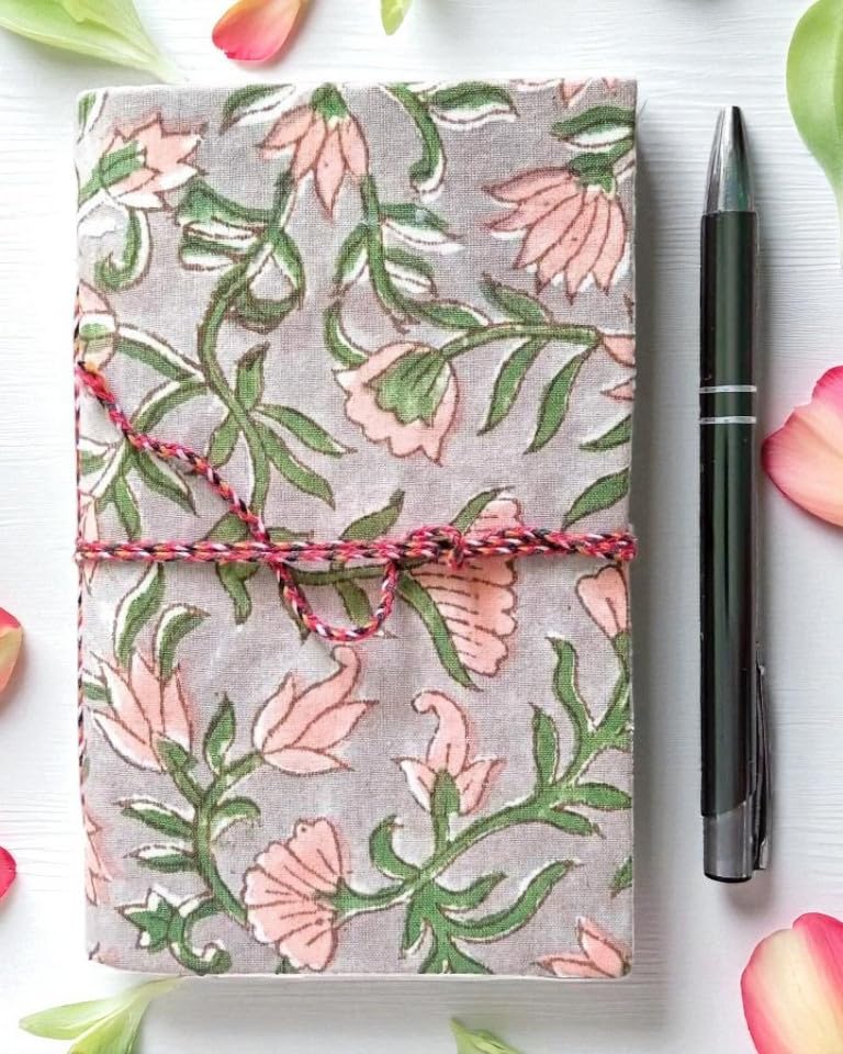 Grey Floral Handmade Fabric Hardcover Diary A6 – 200 Pages, Thread Closure Sketchbook