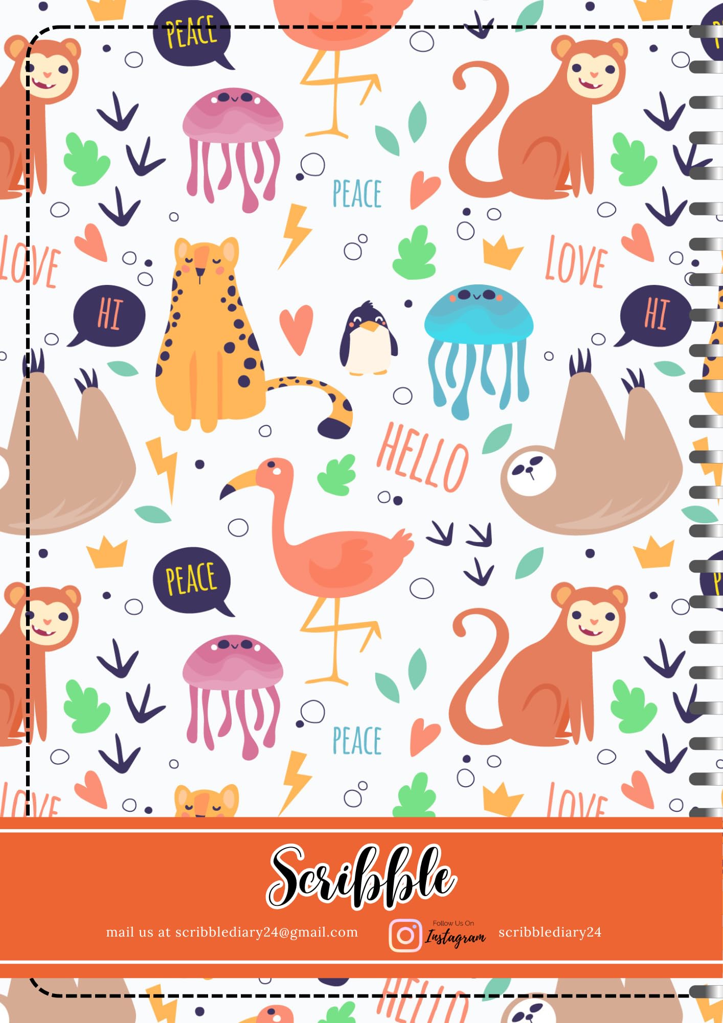 Handcrafted cartoon Spiral Bound Cartridge Paper Doodle Diary Gift Sketch Book Doodle Diaries Journal, 21cm x 15cm, 60 Pages, 155gsm, Hard Cover Animal, bird and octopus Print