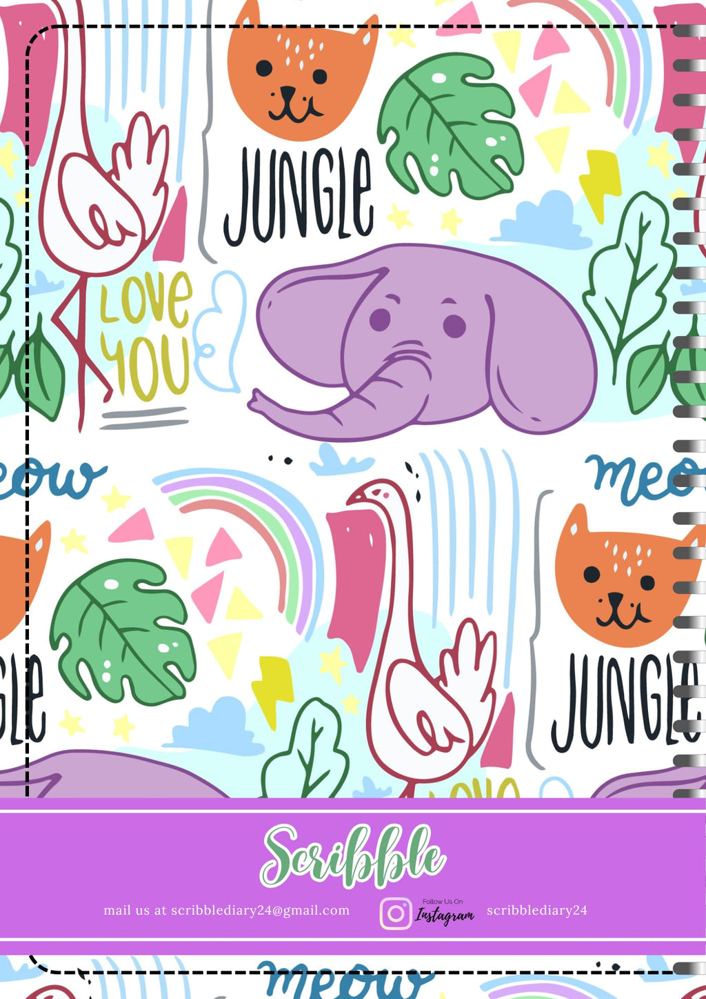 Handcrafted Cartoon Spiral Bound Doodle Diary Journal Gift Sketch Book Diaries, 21cm x 15cm A5, 60 Pages, 155gsm, Hard Cover Jungle Elephant Print, Thick Cartridge Paper